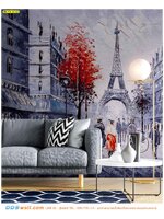 Print wallpaper ภาพคมชัด ภาพวาดกรุงปารีสดูคลาสสิค โทนสีม่วงอมเทา ทำให้บรรยากาศห้องนั่งเล่นดูทันสมัยเเละรู้สึกไม่ร้อน