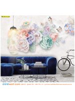 รับติด ภาพแคนวาส แต่งห้องรับแขก ลายดอกไม้หลายสีโทนพาสเทล ดอกไม้สีอ่อน เพิ่มรถจักรยานคันเก่ง สร้างกลิ่นไอวินเทจย้อนยุค