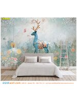 ผลิต wallpaper ราคาถูก ตกแต่งห้องนอน ลายกวางป่ากลางสวนดอกไม้ โทนสีอบอุ่น เรียบง่าย