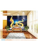 วอลเปเปอร์ฉากหลังโต๊ะหมู่บูชา ติดห้องพระ ลายพญานาคสีทอง พื้นหลังกราฟฟิกสีน้ำเงินอมดำ ใต้ดวงจันทร์ โดดเด่น มีเอกลักษณ์