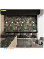 วอลเปเปอร์สั่งพิมพ์ภาพแคนวาสติดร้านอาหาร ลายสัตว์ป่าและใบไม้ดอกไม้พื้นดำ