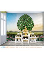 วอลเปเปอร์ ห้องพระ ติดเอง ลายไทยลิขสิทธิ์ภาพต้นโพธิ์ใบสีเขียว สีไม่หลุดลอก