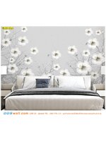 วอลเปเปอร์พิมพ์ลายดอกไม้ขาว ดอกไม้เเบบสไตล์จีน ตกแต่งผนังห้องนอนสีขาว มีระเบียบ ดูสะอาดตา