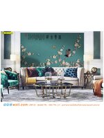 ภาพพิมพ์วอลเปเปอร์ ตกแต่งผนังห้องรับเเขก ลายดอกไม้จีนพื้นหลังสีเขียว สีของความมั่งคั่ง ร่ำรวย ของคนจีน ดูดีมีระดับ