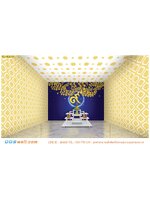 รับออกแบบห้องพระสวยๆ ลายใบโพธิ์เลขเก้าไทยทองพื้นหลังสีน้ำเงิน สุภาพ สวยงาม โดดเด่น