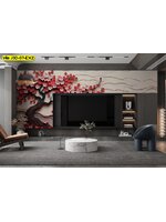 วอลเปเปอร์ต้นไม้ดอกสีแดงสามมิติ เติมความโดดเด่นให้ผนังทีวีด้วยโทนอบอุ่นที่ดึงสายตาอย่างลงตัว