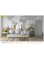 พิมพ์ภาพติดผนัง ในไทย ตกเเต่งห้องนั่งเล่นสีขาว ด้วยรูปเเผนที่สีเทาเป็นเงาด้านหลัง โฟกัสที่รูปสถานที่สำคัญของโลก ให้ออกมาเป็นสไตล์โมเดิร์น