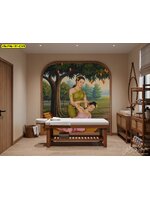 วอลเปเปอร์ลายไทยในกรอบโค้งใหญ่ ช่วยให้ห้องนวดดูอบอุ่น ละมุน และโดดเด่นด้วยศิลปะแบบไทยร่วมสมัย