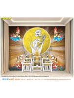 บริการ พิมพ์วอลเปเปอร์ห้องพระ ลายไทยมือถือดอกบัววงกลมสีทองกับเทพพนมพื้นหลังสีน้ำตาล สีสดใส