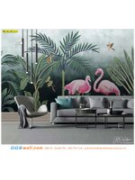 วอลเปเปอร์พิมพ์ลาย ผลิต 2-3 วัน ตกแต่งห้องนั่งเล่น สไตล์สวนป่าฟามิงโก้ ให้บรรยากาศธรรมชาติร่มรื่น