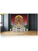 วอลเปเปอร์ภาพวิว ลายไทยตกแต่งห้องพระ ภาพลิขสิทธิ์ต้นโพธิ์กับพระจันทร์เต็มดวง พื้นหลังสีแดง สงบ ร่มรื่น