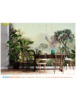 วอลเปเปอร์พิมพ์ลายสวนป่าสีเขียว ตกแต่งภายในห้องอาหาร เพลิดเพลินกับบรรยากาศธรรมชาติใต้แสงเทียน