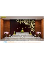 วอลเปเปอร์สั่งผลิตตกแต่งฉากหลังห้องพระในบ้าน ลายใบโพธิ์ทอง พื้นสีน้ำตาลแดง สวยงามทรงคุณค่า น่าประทับใจ