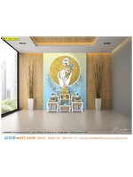 การจัดตกแต่งมุมห้องพระขนาดเล็กในบ้าน ตกแต่งง่ายๆ ด้วยลายมือถือดอกบัวในวงพระจันทร์พื้นหลังสีฟ้า สร้างบรรยากาศ น่าเลื่อมใส