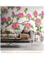 พิมพ์วอลเปเปอร์ ตกแต่งห้องรับแขก ลายต้นไม้ดอกสีชมพูและนกแก้ว ที่ดูสวยหรู
