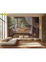 วอลเปเปอร์ลายไทยฉากบ้านไม้ริมลำธาร ช่วยเพิ่มความอบอุ่นและกลิ่นอายพื้นบ้านให้พื้นที่พักผ่อนดูผ่อนคลาย