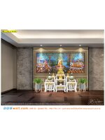 ภาพลายไทยตกแต่งห้องพระ ลายพุทธประวัติพระพุทธเจ้าประสูติ ตรัสรู้ และปรินิพพาน เพิ่มความเป็นสิริมงคลให้กับสถานที่