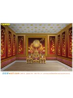 ภาพพื้นหลังแต่งห้องขนาดใหญ่ ตกแต่งห้องพระ สถานที่ปฏิบัติธรรม กรุผนังลายไทยพญานาคคู่ใบโพธิ์พื้นสีแดง เพิ่มความสวยงาม