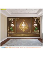 สั่งพิมพ์วอลเปเปอร์ติดผนัง ตกแต่งสถานที่ปฏิบัติธรรม ห้องทำสมาธิ กรุผนังลายไทยเทพนมดอกบัวพื้นสีน้ำตาล สวยสงบ ดูผ่อนคลาย