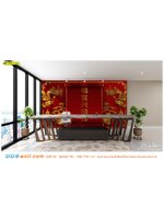 วอลเปเปอร์ภาพวิว ตกแต่งผนัง ห้องทำงาน ภาพคำอวยพรจีนมงคลและมังกรทอง สีเเดงเสริมอำนาจ ดูน่าเลื่อมใสเเละน่าเคารพ