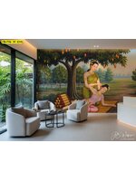 วอลเปเปอร์ลายไทยใต้ต้นไม้ใหญ่ ช่วยสร้างความสงบให้โซนนั่งพักและทำให้พื้นที่ดูเป็นธรรมชาติและนุ่มนวล