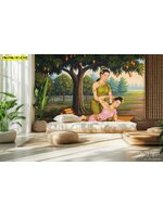 วอลเปเปอร์ลายไทยฉากสวนผลไม้ ช่วยเพิ่มความอบอุ่นและความเป็นไทยให้พื้นที่พักผ่อนดูน่าสบายและมีชีวิตชีวา