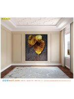 ไอเดียออกแบบผนังห้อง นั่งสมาธิ ห้องปฏิบัติธรรม ภาพลายใบโพธิ์ทองพื้นหลังสีสนิม สร้างบรรยากาศ สุขุม ผ่อนคลาย