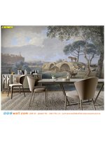 บริการ ปริ้นวอลเปเปอร์ ตกแต่งมุมนั่งเล่นอ่านหนังสือ ภาพลายยุโรป โทนสีฟ้าขาวเทา มีเรื่องราว สัตว์ เเละสถานที่ สีสันสวยงาม