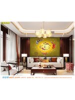 ภาพวิว ภาพศิลปะ ตามสั่ง ตกแต่งห้องรับแขกแบบจีน ภาพปลาคาร์ฟหลากสีแปดตัวพื้นหลังสีเหลืองทอง เสริมฮวงจุ้ย สุดหรูหรา