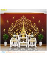 สั่งทำวอลเปเปอร์ออกแบบฟรี การจัดโต๊ะหมู่บูชาสีขาว จับคู่กับภาพลายไทยลิขสิทธิ์ต้นโพธิ์ทองพื้นหลังสีแดง สวยงามลงตัว
