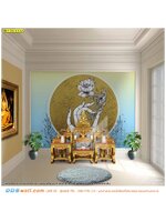 รับพิมพ์ลายไทย wallpaper สำหรับห้องสวดมนต์ ลายมือถือดอกบัวในวงพระจันทร์พื้นหลังสีฟ้าครีม สดใส