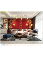 พิมพ์ภาพติดผนัง ผ้าแคนวาส ตกแต่งห้องรับเเขกกลายหินอ่อน เสริมฮวงจุ้ย ด้วยภาพอักษรคำอวยพรจีนสีทองและมังกรทอง โทนห้องสีขาวเทา เรียบง่าย