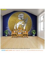 ร้าน Print Wallpaper ตกแต่งห้องพระในบ้าน ภาพลายมือถือดอกบัวในวงพระจันทร์พื้นหลังสีน้ำเงิน สีสด ทนนาน