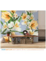 ปริ้นวอลเปเปอร์ ตามสั่ง ตกแต่งฉากหลังผนังบ้าน ภาพลายดอกไม้สีขาวและสีเหลืองพื้นสีฟ้า สไตล์ทันสมัย