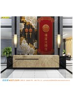 วอลเปเปอร์ภาพวิว ผ้าแคนวาส ตกแต่งเคาน์เตอร์บริการ ภาพอักษรจีนเสริมมงคลพื้นสีแดงเเละลายดอกไม้พื้นหลังสีดำ สร้างความน่าเชื่อถือเเละดูสบายตา