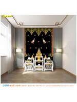 วอลเปเปอร์ผ้าแคนวาส ภาพฉากหลังโต๊ะหมู่บูชา ลายเทพพนม2องค์ บนพื้นหลังสีดำ