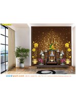 วอลเปเปอร์ฉากหลังโต๊ะหมู่บูชา ติดห้องพระ ลายไทยต้นโพธิ์แจกันดอกบัวพื้นหลังสีน้ำตาลทอง สุภาพ สวยงามลงตัว