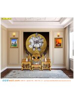 สั่งพิมพ์วอลเปเปอร์ติดผนัง แบบห้องพระบุผนัง ลายไทยดอกบัววงกลมสีทองพื้นหลังสีน้ำตาล สุดหรู