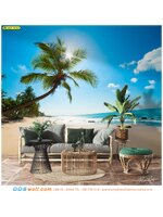 สั่งพิมพ์วอลเปเปอร์ติดผนังห้องรับแขก วิวทะเล สไตล์ทรอปิคอล