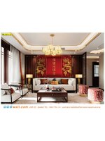 วอลเปเปอร์ติดผนังภาพวิว ตกแต่งห้องรับเเขก โทนสีขาวสะอาดตา ด้วยภาพอักษรจีนมงคลและมังกรทองพื้นหลังสีเเดง มีความหมายที่ดี