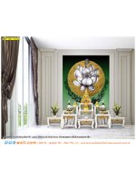 สไตล์การแต่งห้องพระ ภาพวาดลายไทยดอกบัววงกลมสีทองพื้นหลังสีเขียว น่าศรัทธา