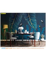 พิมพ์วอลเปเปอร์ ราคาไม่แพง ตกแต่งห้องกินข้าว ด้วยภาพลายใบไม้และผีเสื้อโทนสีน้ำเงิน โทนสีสวยๆ