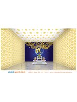 วอลเปเปอร์ฉากหลังโต๊ะหมู่บูชา ติดห้องพระ ลายไทยเลข 9 ทอง ลายใบโพธิ์พื้นสีน้ำเงิน ทำให้รู้สึกผ่อนคลาย