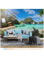 วอลเปเปอร์สั่งทำผ้าแคนวาสตกแต่งห้องรับแขก วิวทะเล โทนสีฟ้าสวยๆ