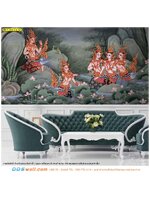 วอลเปเปอร์พิมพ์ลาย ตามพื้นที่ ด้วยภาพลายกินรีที่มีเอกลักษณ์ ตกแต่งผนังก็เปลี่ยนให้ห้องรับแขก มีจุดเด่น และสวยงาม