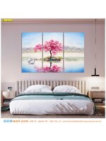 ภาพพิมพ์วอลเปเปอร์ แต่งห้องนอน ด้วยภาพดอกซากุระบานสะพรั่ง เเละสีสันของท้องฟ้าสะท้อนในน้ำ ดูมีเสน่ห์เเเบบโรเเมนติก