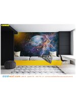 ปริ้นวอลเปเปอร์ แต่งห้องนอน โทนสีขาวเหลือง เพิ่มภาพกาเเล็คซี่เเละกลุ่มดวงดาวอันไกลโผน ให้ดูสนุกสนานเเละสะอาดตา