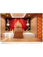 บริการ ออกแบบวอลเปเปอร์ลายไทย ฉากหลังโต๊ะหมู่บูชา ภาพเทพพนม ตกแต่งด้านข้างด้วยฉากดอกบัว พื้นหลังสีแดง