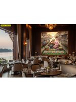 วอลเปเปอร์ภาพตลาดน้ำโทนอบอุ่น ผสานเฟอร์นิเจอร์ไม้เข้ม สร้างบรรยากาศไทยร่วมสมัยให้ห้องอาหารดูมีเสน่ห์