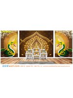 ทำวอลล์เปเปอร์ติดผนัง ห้องพระสีน้ำตาลทอง ตกแต่งลายพญานาคสีเขียวคู่ซุ้มต้นโพธิ์ทอง สวยงามอลังการ